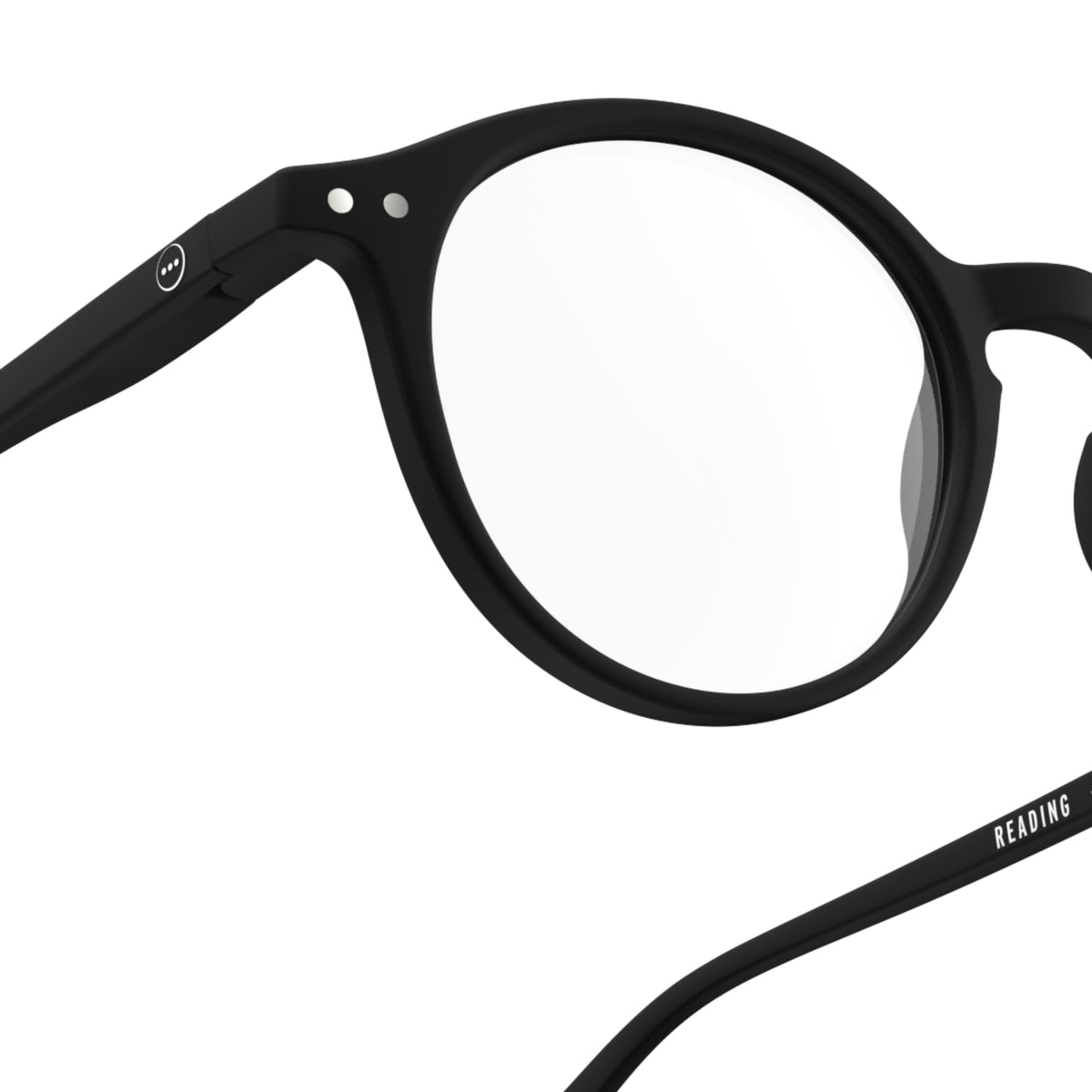 Close-up van Izipizi Leesbril #D Zwart: leesbril met zwart montuur en heldere glazen met "READING" op de arm. Deze moderne, minimalistische leesbril van Izipizi is perfect voor mensen met presbyopie.