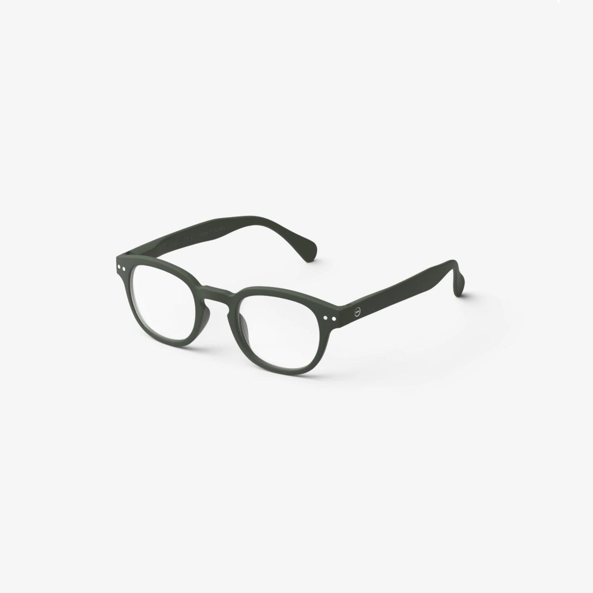 Een Izipizi Leesbril #C Khaki ronde leesbril met heldere glazen, afgebeeld op een effen witte achtergrond. Het eenvoudige kaki montuur heeft kleine zilveren accenten bij de scharnieren.