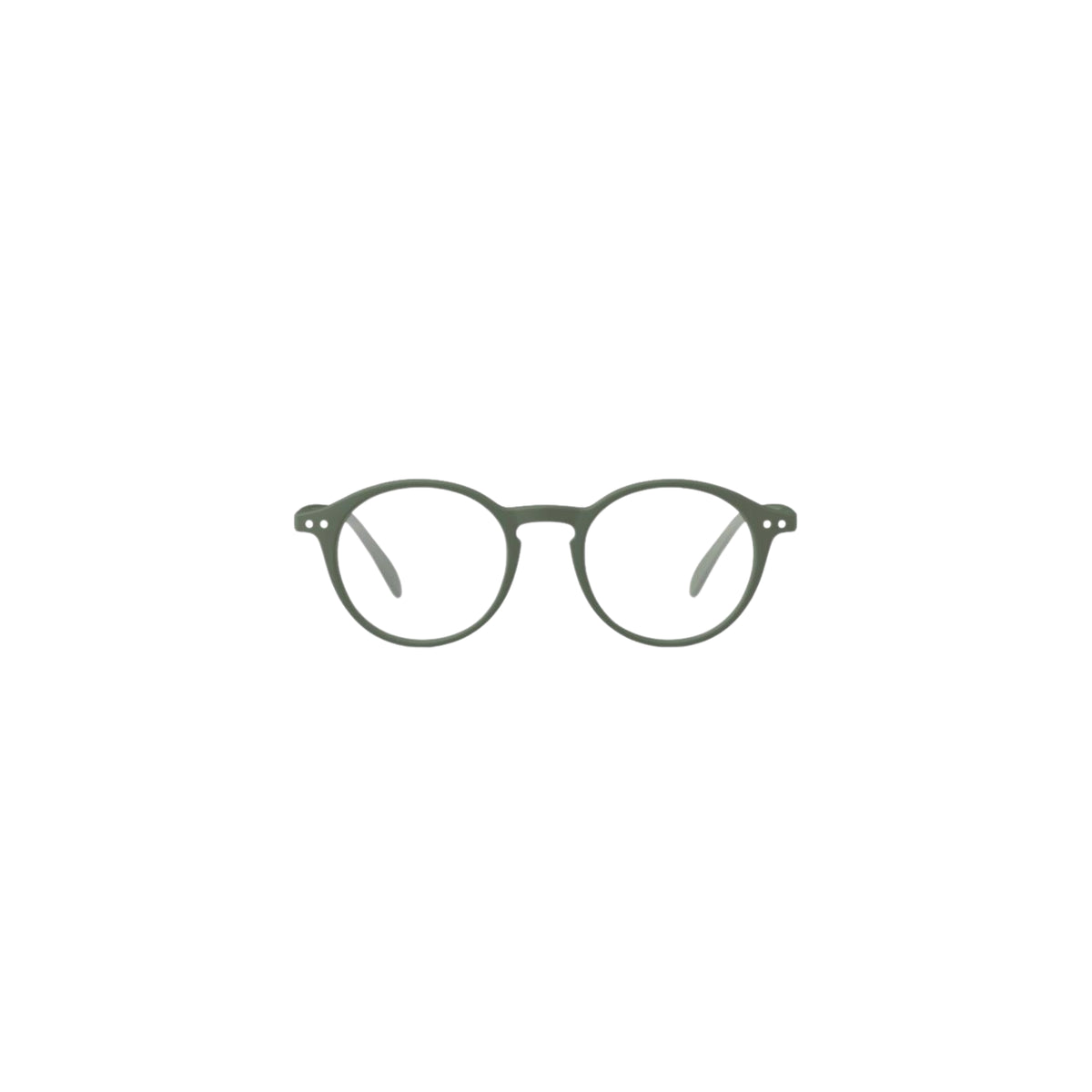 Minimalistische illustratie van de Izipizi Leesbril #D Khaki van Izipizi, met een dun, donker montuur en zichtbare veren op een witte achtergrond - ideaal voor liefhebbers van de klassieke unisex leesbrilstijl.