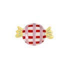 De &Klevering Goody Bord 21/13 van &Klevering is een rond, handbeschilderd bord van keramiek met een rood en wit ruitpatroon en gele gedraaide uiteinden, dat lijkt op een snoepje tegen een witte achtergrond.