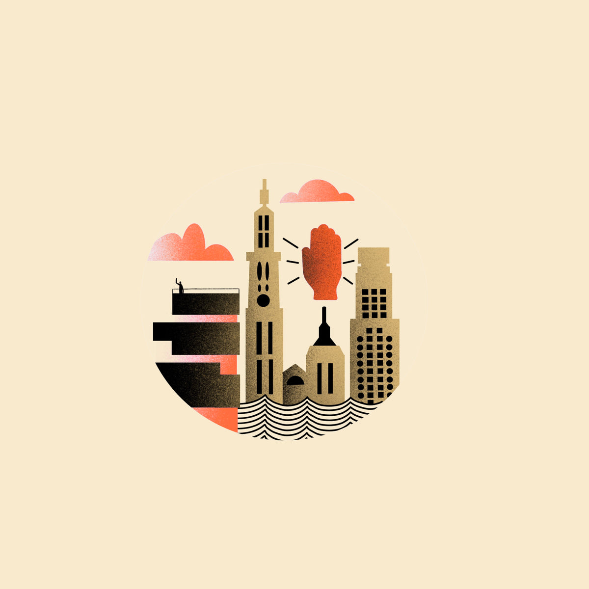 Gestileerde skyline van een stad met abstracte gebouwen, roze wolken en een opgeheven vuist voor eenheid, zoals Matriks Fragrances Geurkaars Keramiek Antwerpen 270 g. Een klein figuurtje zit bovenop een gebouw en kijkt toe.