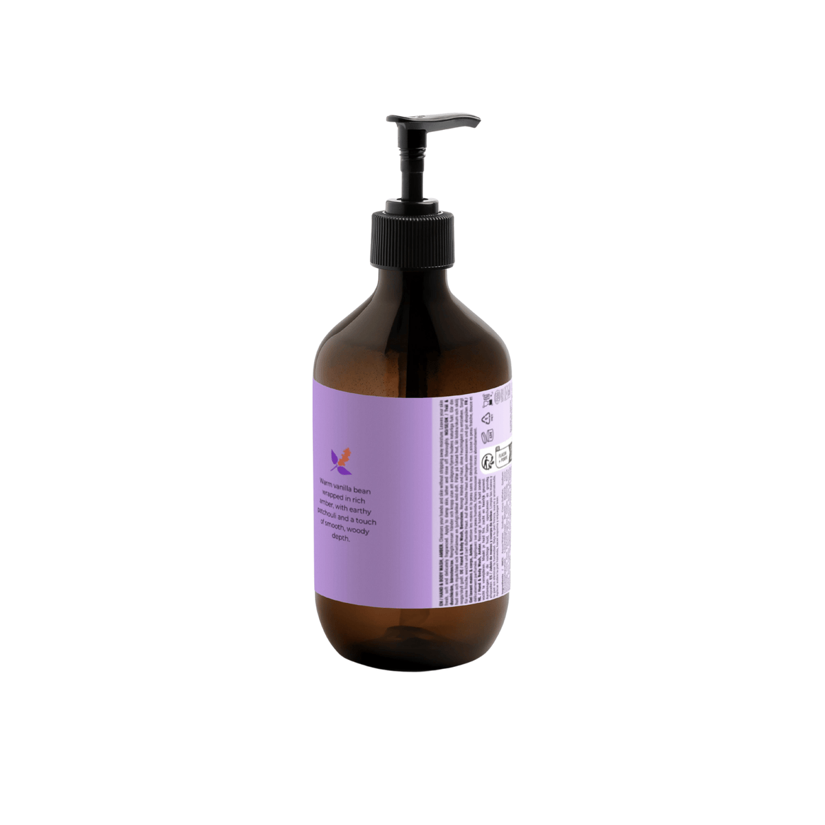 Een bruine pompflacon van Matriks Fragrances Hand & Body Wash Amber & Patchouli (490 ml) met een paars etiket, vlindermotief en producttekst staat rechtop tegen een witte achtergrond.