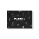 De Matriks Cadeaubon is een zwarte digitale cadeaukaart van Matriks, met "MATRKS" en "DIGITAL GIFTCARD" in witte tekst en minimalistische line art van interieuraccessoires zoals een stoel, zonnebril, paddenstoel en plant.