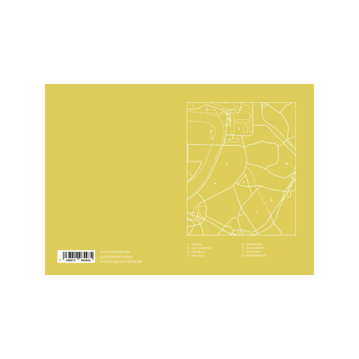De Matriks Postkaart Antwerpen Dubbel A6 van Matriks heeft een gele kaft met een wit omlijnde abstracte kaart van Antwerpse gebouwen, een genummerde legenda en een kleine witte tekst met barcode, website en contact e-mailadres linksonder.