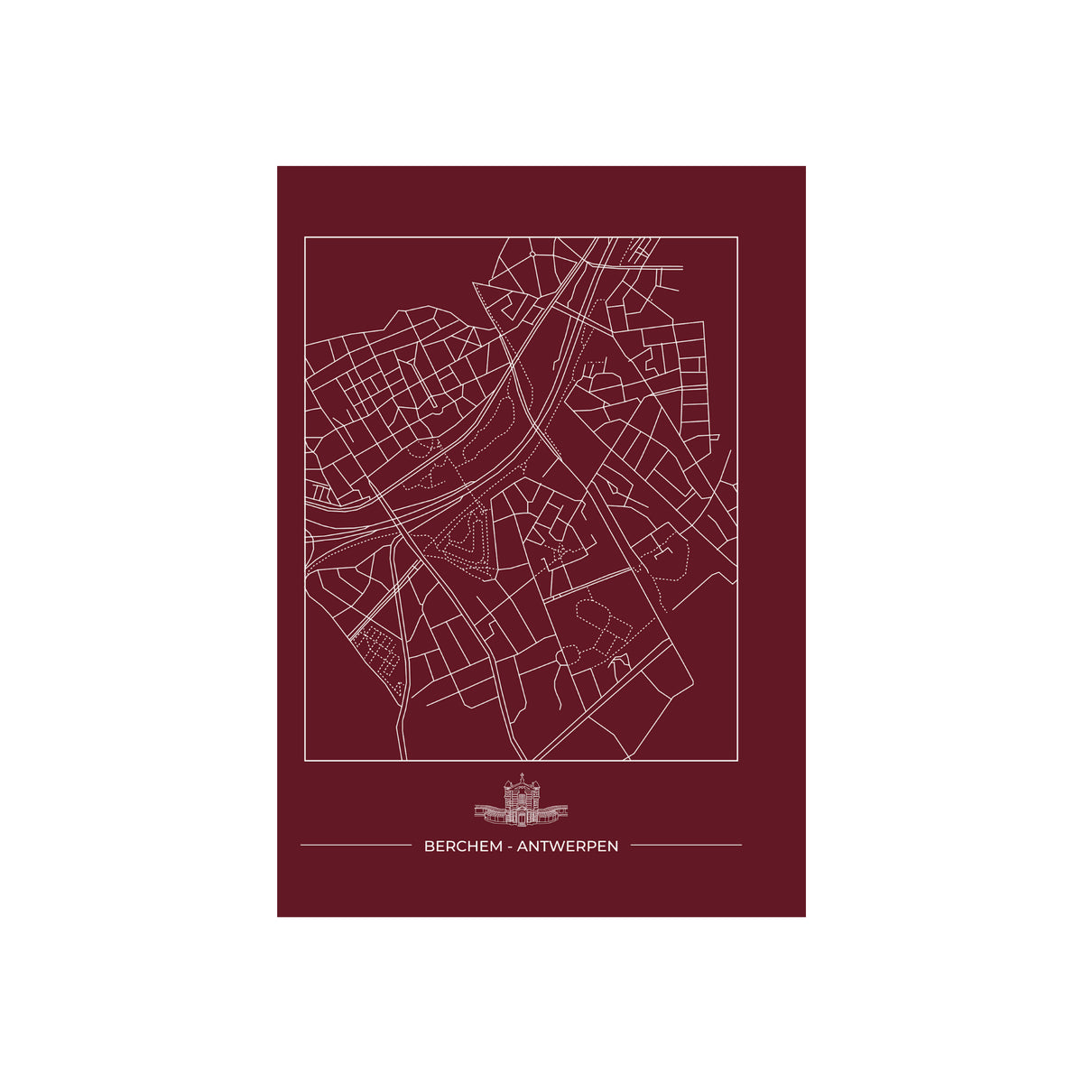 De Matriks Postkaart Antwerpen Berchem Dubbel A6 van Matriks heeft een minimalistische kaart van Berchem, Antwerpen met witte straten op een donkerrode achtergrond, omrand in wit - ideaal voor wenskaarten of als A6 print.