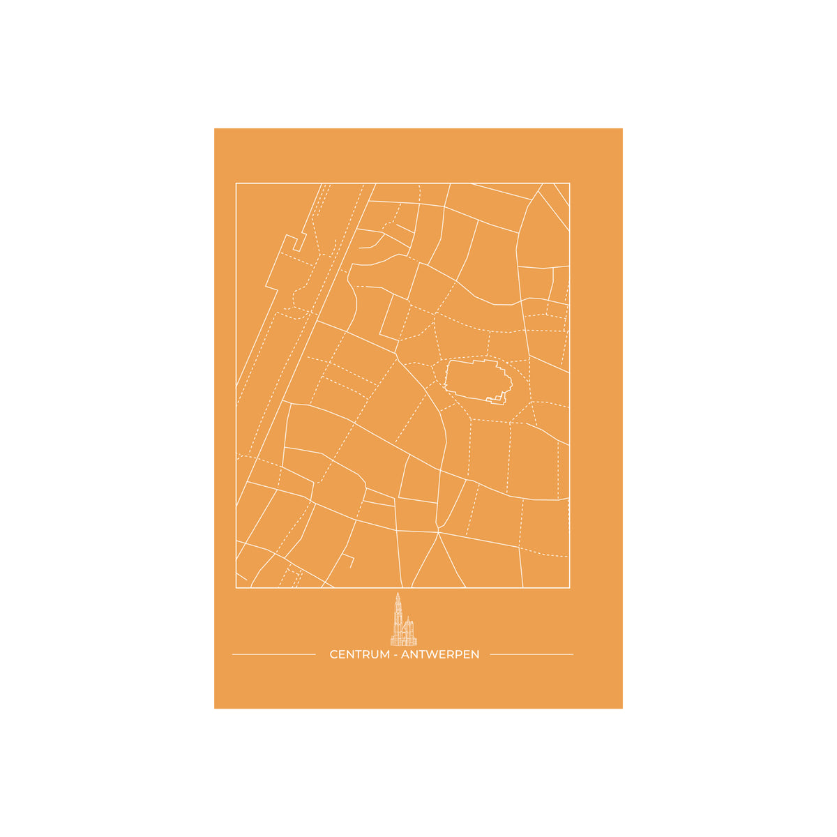 De Matriks Postkaart Antwerpen Centrum Dubbel A6 heeft een minimalistische witte omlijning van het centrum van Antwerpen op oranje, met Antwerpse gebouwen en een kerktoren, met onderaan "Centrum - Antwerpen". Merk: Matriks.