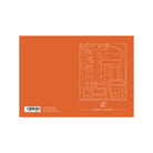 De Matriks Postkaart Antwerpen Eilandje Dubbel A6 is een oranje postkaart met een witte lijntekening van Antwerpse gebouwen, een barcode, website en social media gegevens, plus het label EILANDJE - ANTWERPEN rechtsonder.