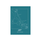 Matriks Postkaart Antwerpen Haven Dubbel A6: Minimalistische kaart met witte lijnen van de Antwerpse haven op een groenblauwe achtergrond, 'Antwerpse gebouwen' en 'HAVEN - ANTWERPEN' eronder. Perfect als A6 wenskaart. Van Matriks.