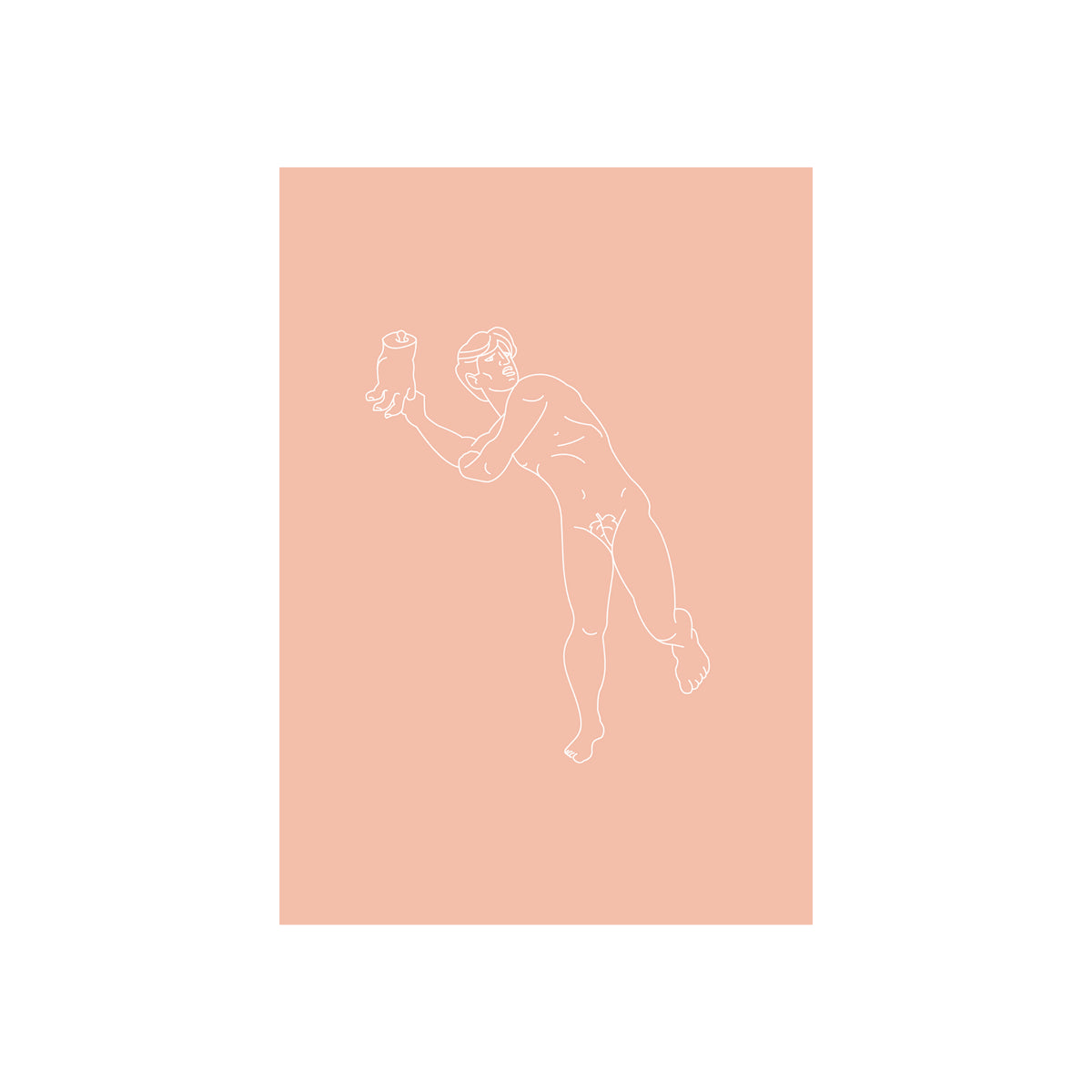 Minimalistische lijntekening van het Brabo monument in Antwerpen, op een effen perzikkleurige achtergrond met een witte rand. Matriks Postkaart Antwerpen Monumenten Brabo Dubbel A6-ideale wenskaart voor kunstliefhebbers.