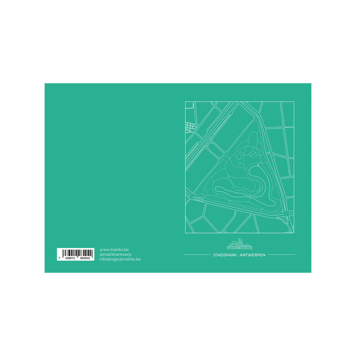 De Matriks Postkaart Antwerpen Stadspark Dubbel A6 heeft een groene omslag met een witomlijnde kaart van het Stadspark van Antwerpen, de tekst "STADSPARK: ANTWERPEN", Antwerpse oriëntatiepunten, plus contactgegevens en barcode linksonder.