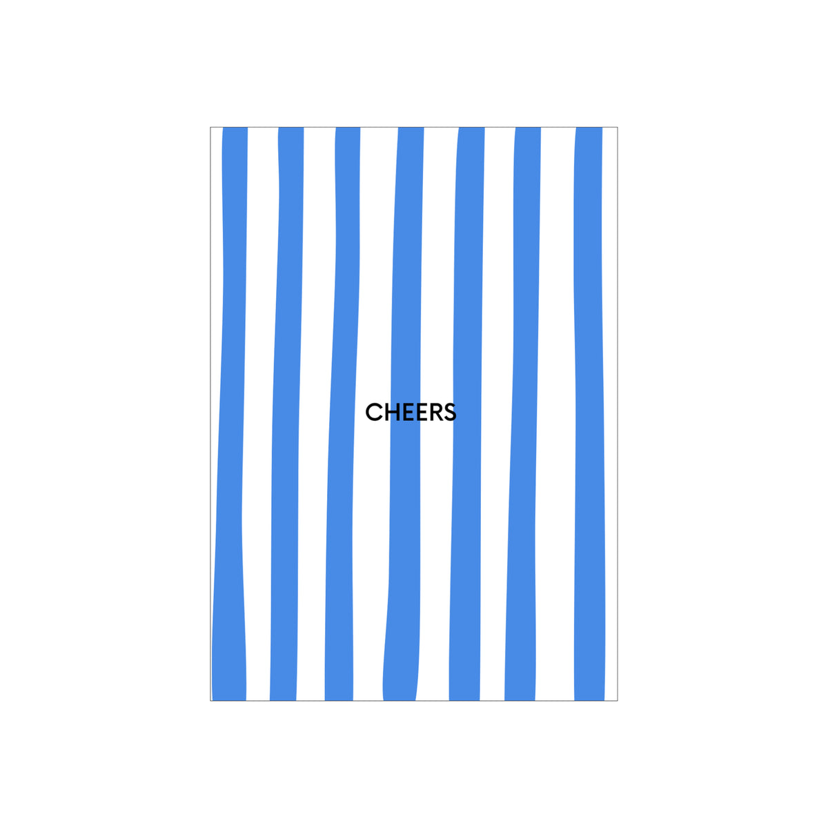 De Matriks JL Postkaart Cheers Dubbel van Matriks heeft verticale golvende blauwe strepen en een vette zwarte "CHEERS" tekst-ideaal voor elke postkaartcollectie of als unieke wenskaart met modern grafisch ontwerp.