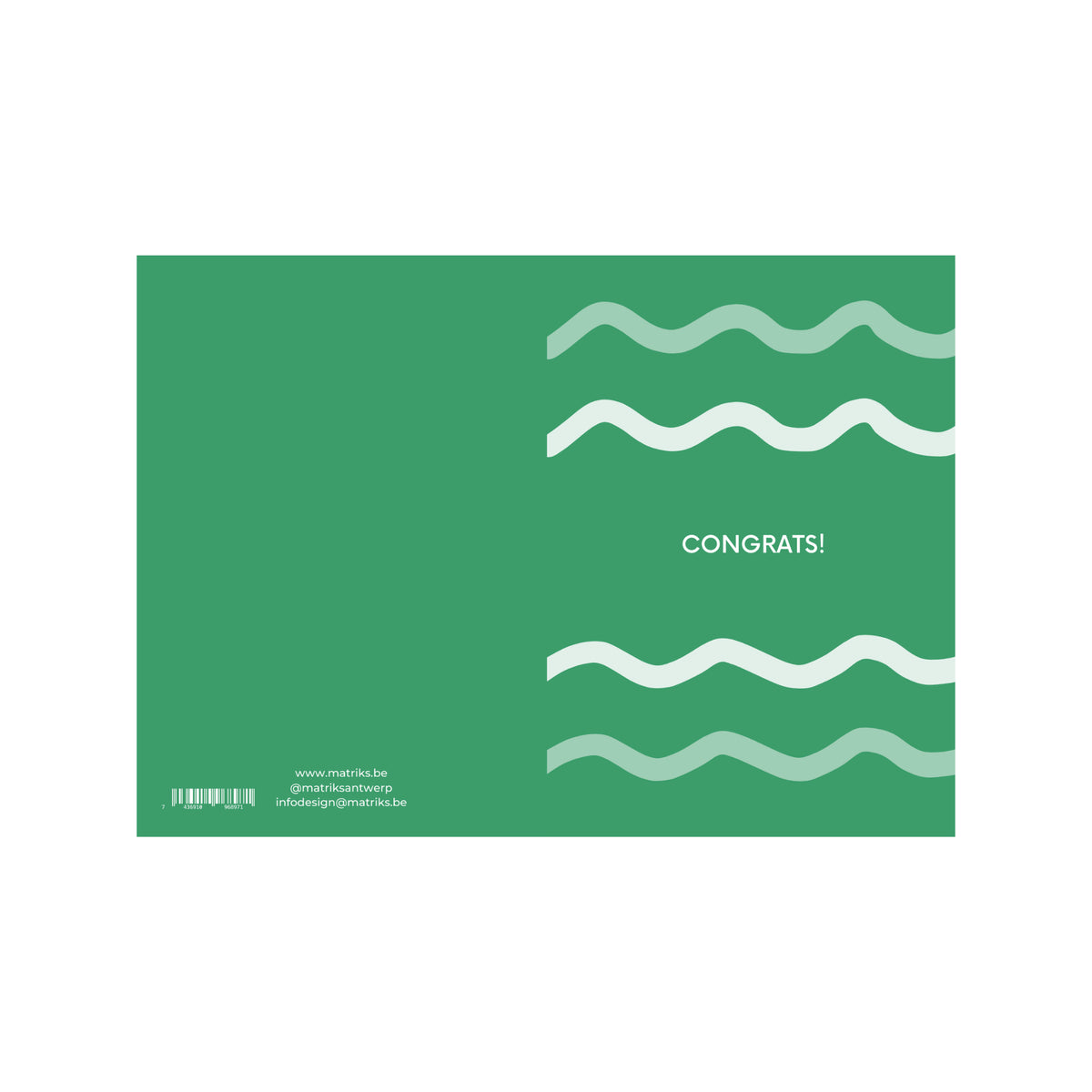 De Matriks JL Postkaart Congrats Green Dubbel van Matriks toont drie golvende witte lijnen op levendig groen, "CONGRATS!" midden rechts, met contactinformatie en barcode links - een opvallend stuk voor elke postkaartcollectie.