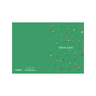 De Matriks JL Postkaart Good Luck Green Dubbel heeft kleurrijke confetti aan de rechterkant, "GOOD LUCK!" in het wit in het midden en contactinformatie in het wit linksonder. Uit de Matriks' postkaartcollectie van Julie Lindekens.