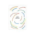 De Matriks JL Postkaart Happy Birthday Curvy Lines Dubbel heeft "HAPPY BIRTHDAY" in het zwart in het midden, omringd door speelse rode, blauwe, gele, groene en oranje gebogen lijnen-een vrolijk ontwerp van Matriks.
