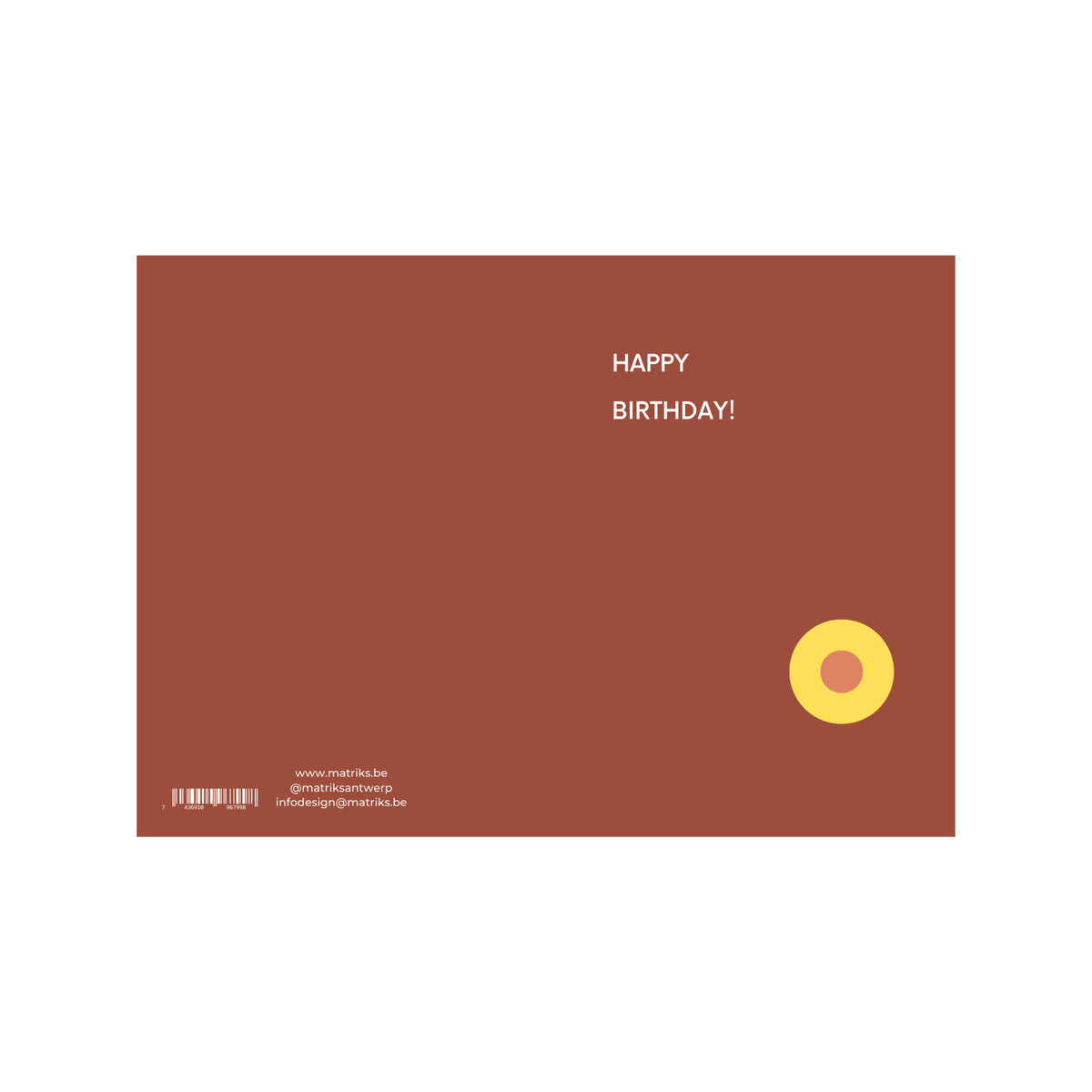 Een bordeauxrode wenskaart van Matriks met "HAPPY BIRTHDAY!" in het wit, een gele en roze cirkel rechtsonder en contactgegevens links - onderdeel van de Matriks JL Postkaart Happy Birthday Burgundy Dubbel collectie.