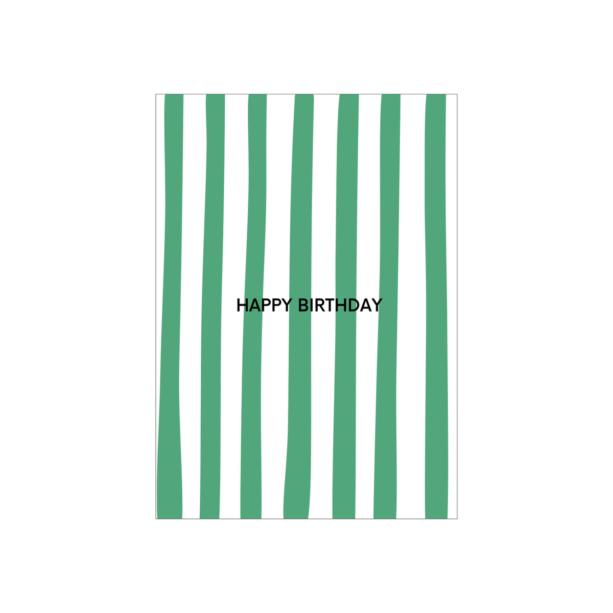 De Matriks JL Postkaart Happy Birthday Dubbel van Matriks heeft verticale groene strepen op wit en vetgedrukte zwarte "HAPPY BIRTHDAY" tekst - onderdeel van een grafische postkaartencollectie, perfect voor elke gelegenheid.