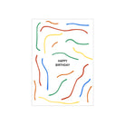 De Matriks JL Postkaart Happy Birthday Wavy Lines Dubbel van Matriks heeft een witte kaart met 'HAPPY BIRTHDAY' in zwart in het midden, omringd door golvende rode, blauwe, gele, groene en oranje lijnen-een vrolijk ontwerp voor elke gelegenheid.