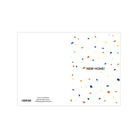 De Matriks JL Postkaart New Home White Dubbel van Matriks heeft oranje, gele en blauwe confetti stippen op wit met "NEW HOME!" in het midden. Contactgegevens en een barcode staan eronder. Ontworpen door Julie Lindekens.