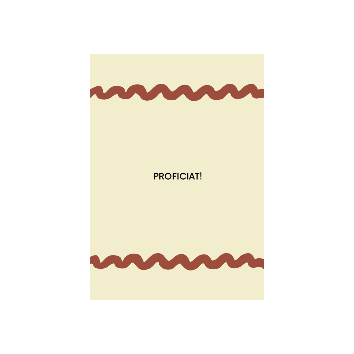 De Matriks JL Postkaart Proficiat Dubbel is een crèmekleurige kaart met golvende rode randen, geïnspireerd op de postkaartcollectie van Julie Lindekens, en heeft "PROFICIAT!" in vette zwarte letters in het midden.