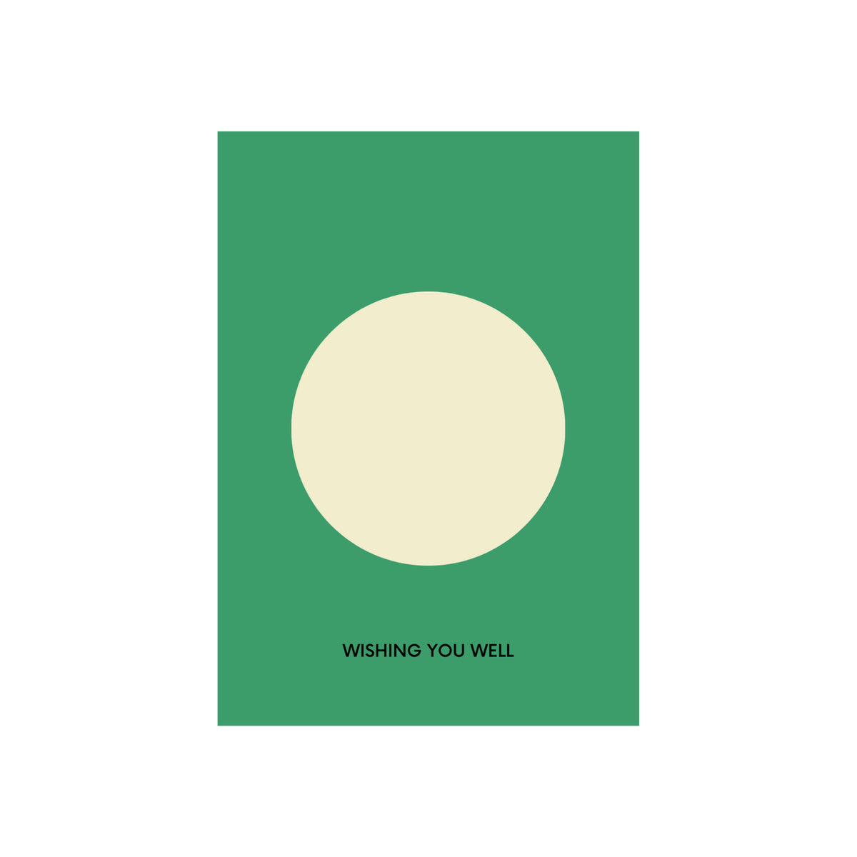 De Matriks JL Postkaart Wishing You Well Big Circle Dubbel van Matriks heeft een groen grafisch ontwerp met een grote crèmekleurige cirkel en "WISHING YOU WELL" eronder, op een witte achtergrond - ideaal voor elke ansichtkaartenverzameling.