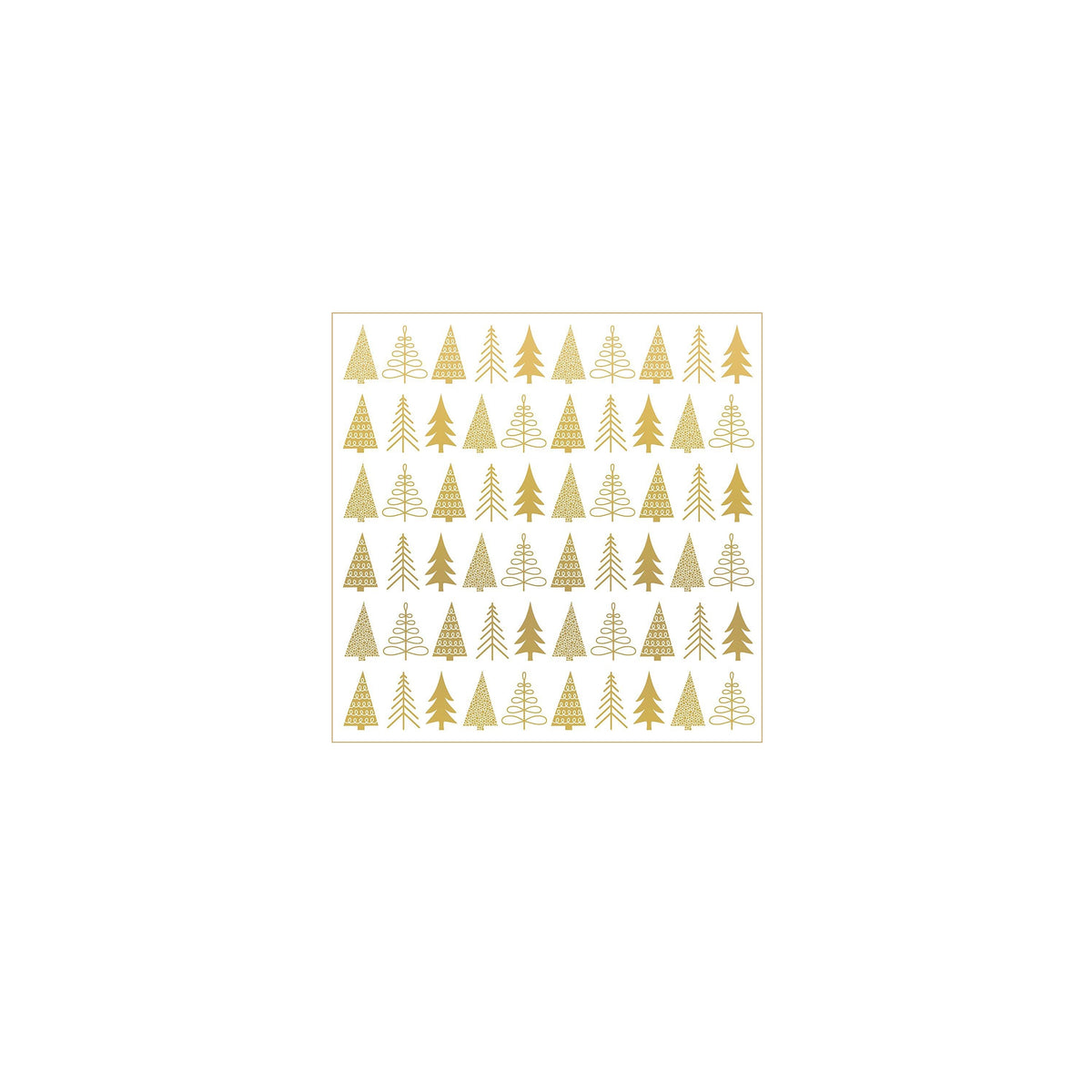Een stijlvol vierkant patroon van gouden kerstbomen, met afwisselend effen en omlijnde motieven op wit, maakt PPD Papieren Servetten Pure Mood Gold 25/25 de perfecte luxe 3-laags FSC-papier keuze voor je feesttafel.