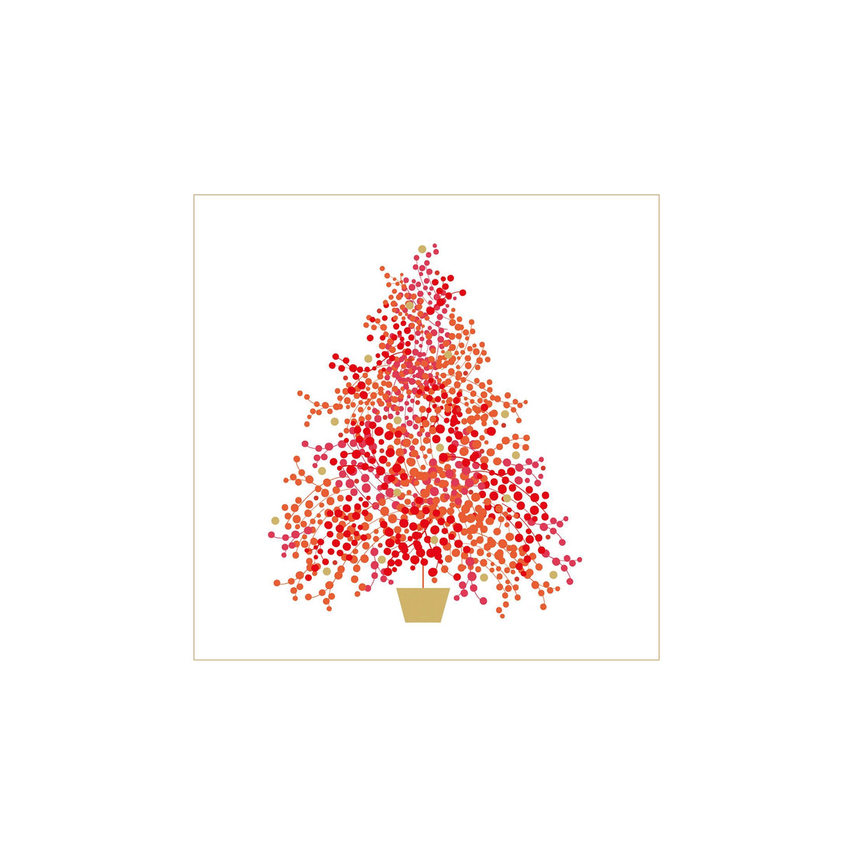 PPD's Papieren Servetten Season's Tree 33/33 hebben een gestileerde kerstboom van rode, roze en oranje stippen in een gouden pot op wit - ideaal voor feestelijke bijeenkomsten of FSC-papieren knutselwerkjes.