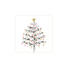 Illustratie van een versierde kerstboom met gouden ster, rode kerstballen, roze ornamenten en gouden sneeuwvlokken op wit - ideaal voor PPD Papieren Servetten Simply Christmas 33/33 gemaakt van 3-laags FSC-papier.