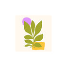 Minimalistische illustratie van een groene bladplant met gele en paarse accenten op een gebroken wit vierkant canvas - ideaal voor tafelschikking of als PPD Papieren Servetten Maritime Village & Lilas 33/33, 3-laags FSC papier van PPD.