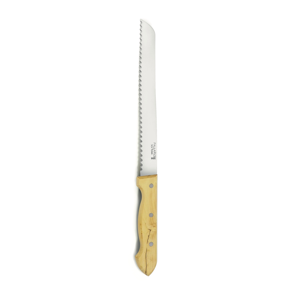 De Pallares Solsona Broodmes Buxushout 22 cm heeft een lang, zilver gekarteld lemmet en een licht houten handvat, tegen een effen witte achtergrond.