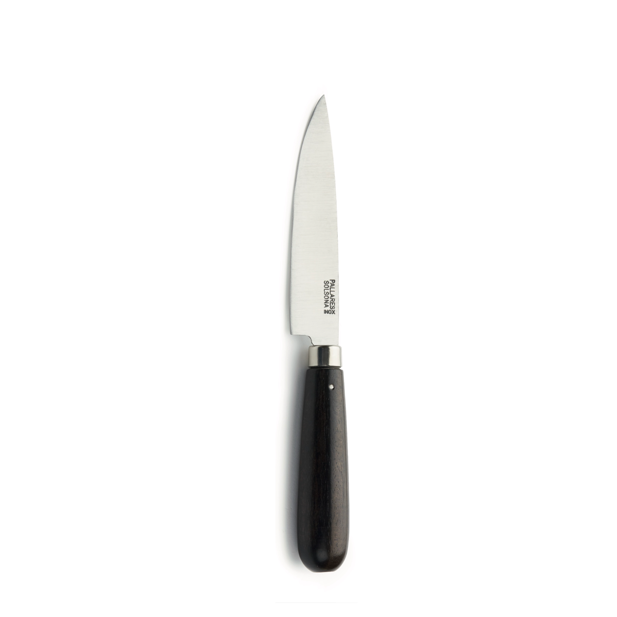 De Pallares Solsona Keukenmes Ebbenhout 12 cm heeft een puntig roestvrijstalen lemmet en een donker ebbenhouten handvat, afgebeeld op een witte achtergrond.
