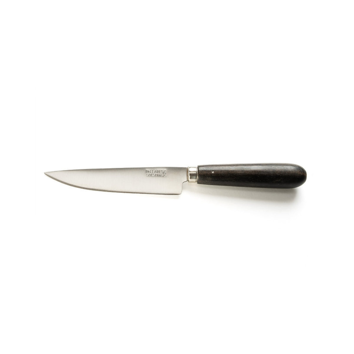 De Pallares Solsona Keukenmes Ebbenhout 12 cm, gemaakt door Pallares Solsona, heeft een lemmet van glanzend roestvrij staal en een handvat van donker ebbenhout, weergegeven op een effen witte achtergrond.