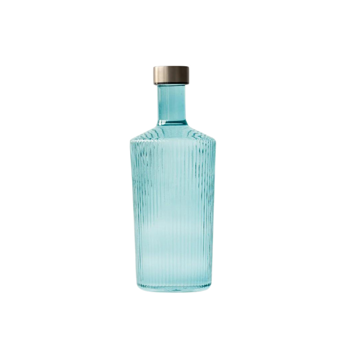 De Paveau Waterfles Lucky Turquoise 1,25 l van Paveau is een hoge, heldere turquoise fles met een verticale geribbelde textuur en metalen dop, afgebeeld tegen een witte achtergrond.
