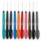 Tien Penco Glider Pennen, waaronder de Penco Glider Pen Blauw, hebben fijne naaldpunten en bijpassende doppen in levendige kleuren-groen, blauw, oranje, rood, roze, bruin, zwart-voor een zijdezachte schrijfervaring op helder wit.