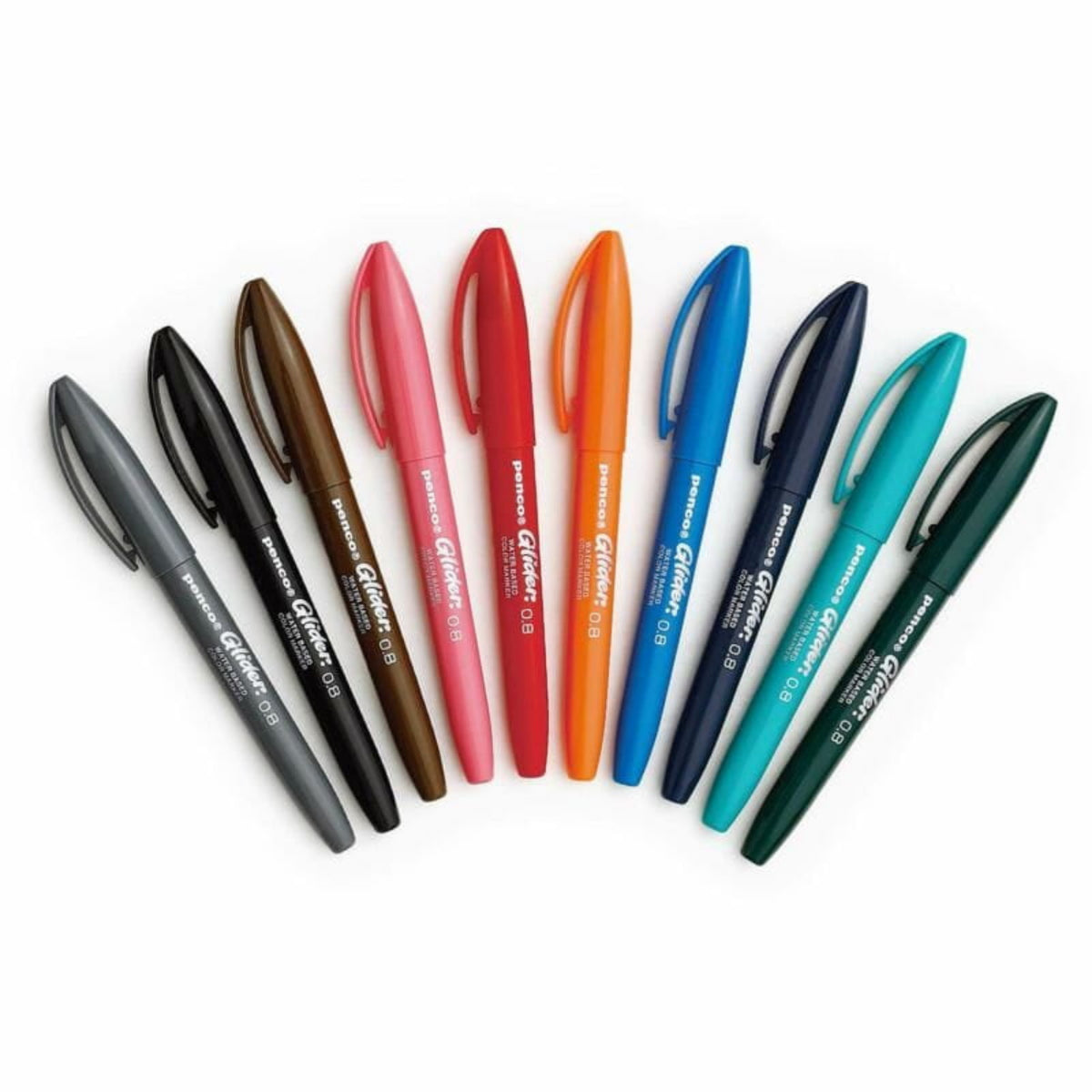 Tien Penco Glider Pennen Blauw van Penco gerangschikt in een waaiervorm op een witte achtergrond. Elke pen biedt een zijdezachte schrijfervaring en wordt geleverd in levendige kleuren zoals zwart, blauw, roze, oranje, groen en meer.