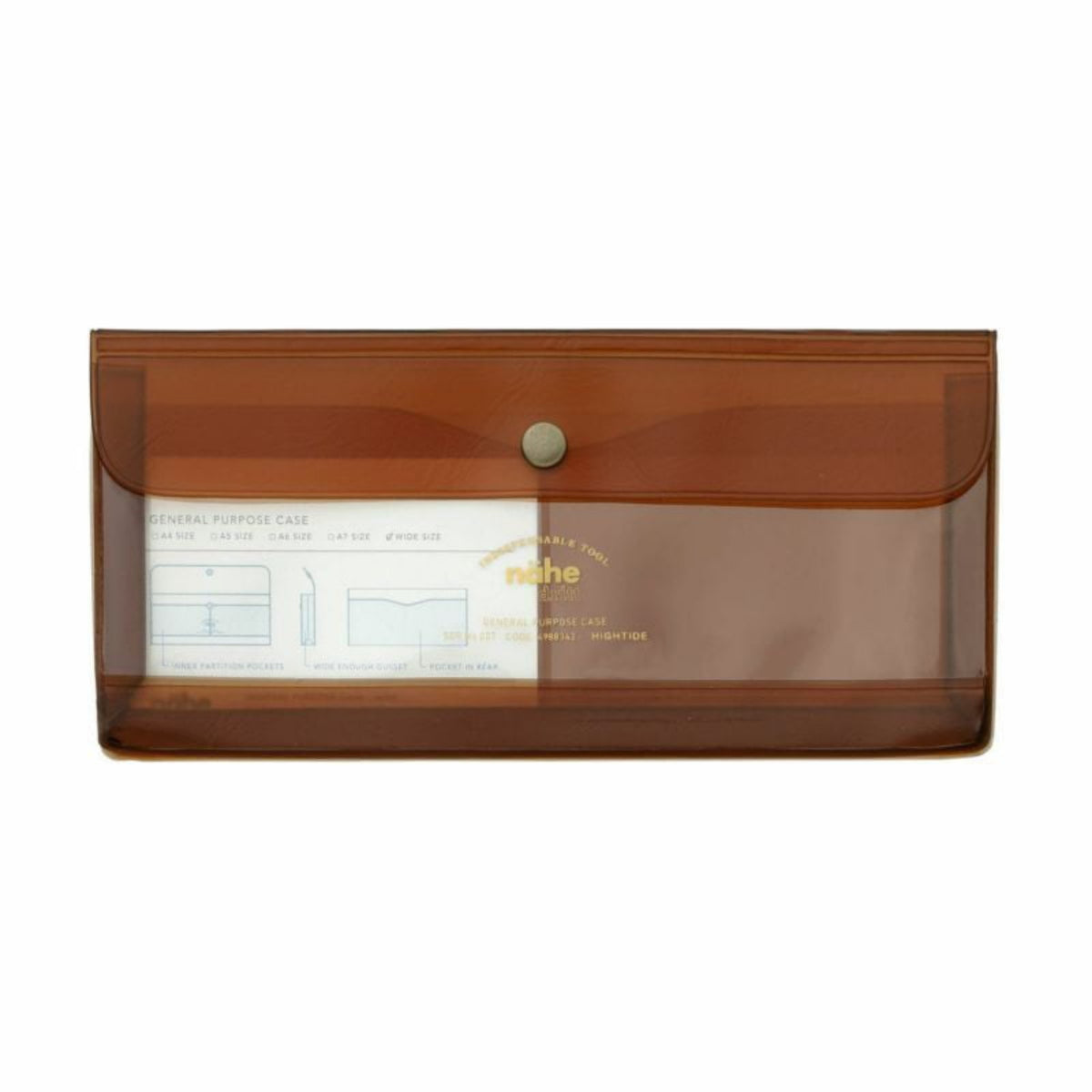 De Nähe Multifunctionele (Pennen)Zak Bruin is een doorschijnend bruin plastic etui van Nähe, voorzien van een drukknoopsluiting en een wit papieren inlegvel met blauwe tekst en diagrammen die zichtbaar zijn via de voorkant.