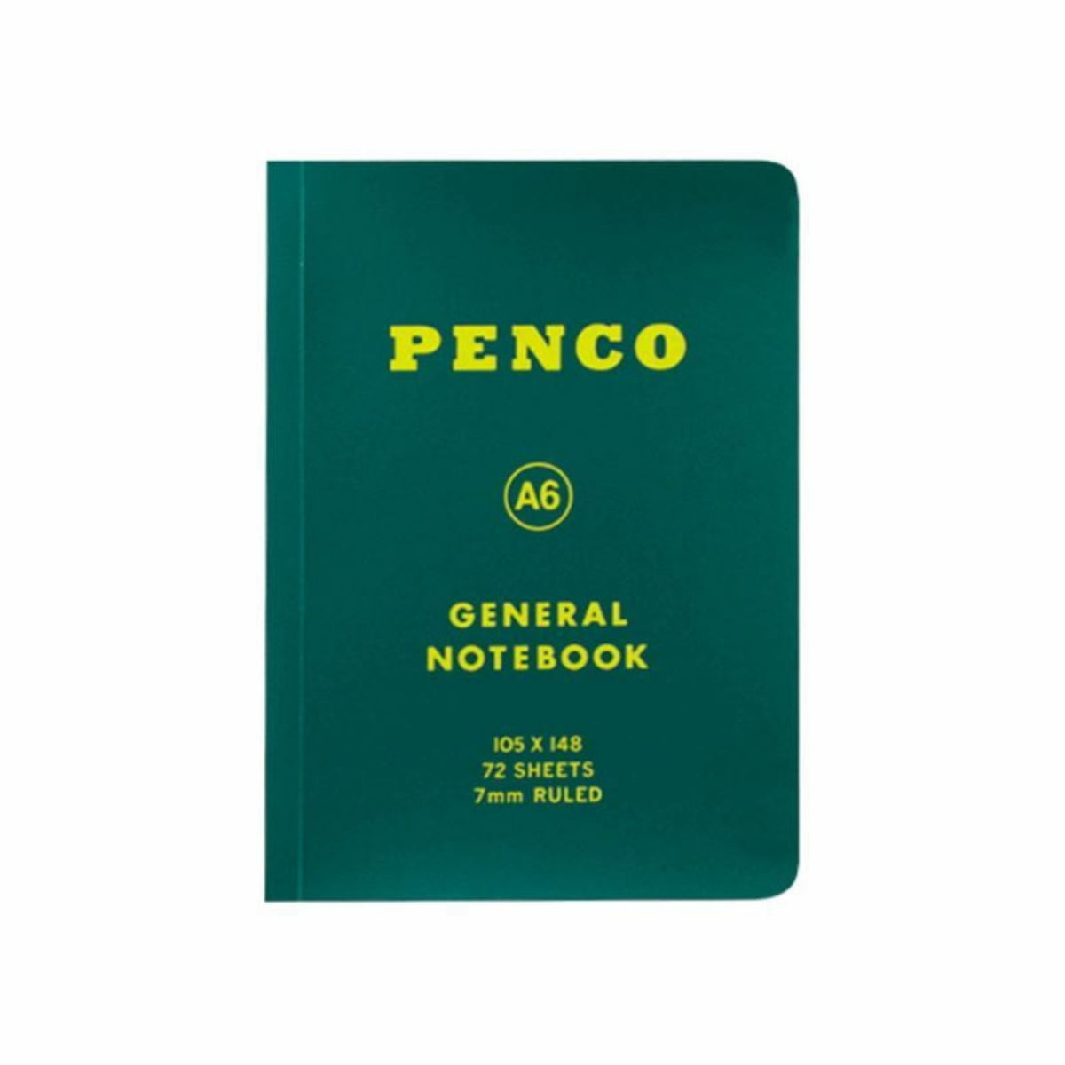 Het Penco Notitieboek Groen A6 is een donkergroen notitieboek met gele omslagtekst, bevat 72 gelijnde vellen en meet 105 x 148 mm.