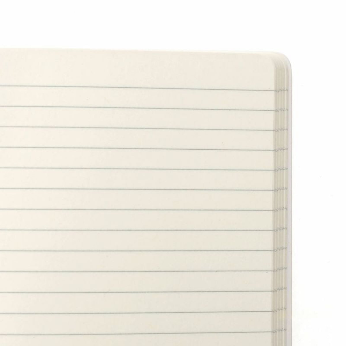 Een close-up van de linkerbovenhoek van een open, blanco, gelinieerd Penco Notitieboek Groen A6 van Penco met crèmekleurige pagina's, afgebeeld tegen een witte achtergrond.