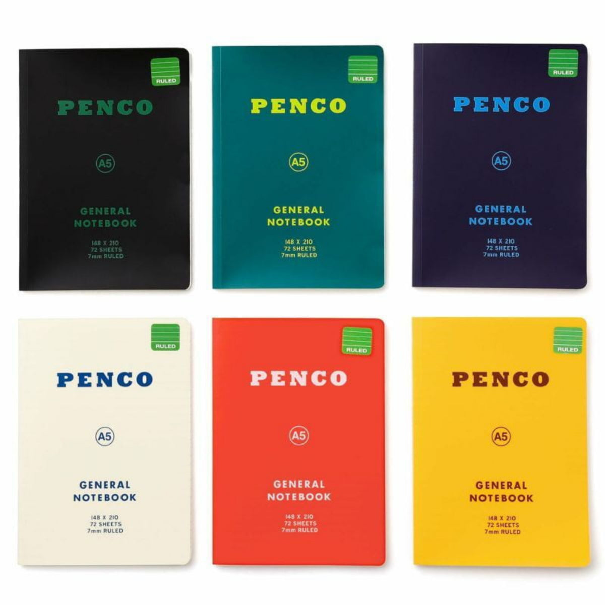 Zes Penco Notitieboek Blauw A5-notitieboeken staan in twee rijen, elk met het merk en de notitieboekgegevens op de omslag. Verkrijgbaar in zwart, groen, marineblauw, wit, rood en geel - ideaal voor notitieboek werk.
