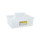 De Penco Opbergcaddy Helder van Penco is een doorschijnende plastic opbergcaddy met een centraal handvat en een geel voorlabel, afgebeeld tegen een witte achtergrond.
