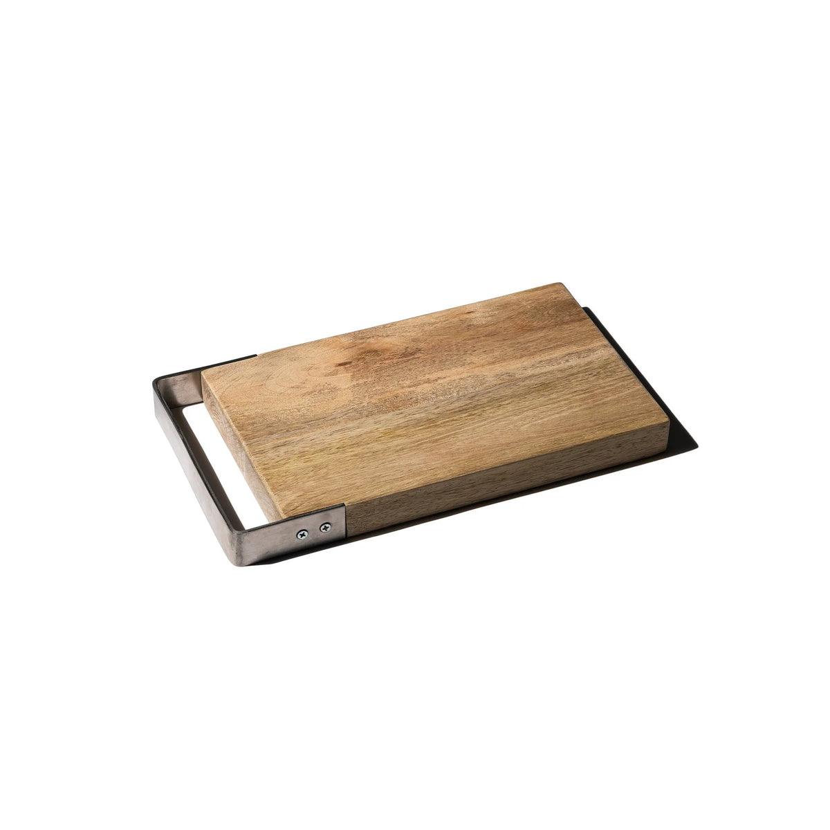 De Puebco Snijplank Mango Hout 17/27 van het merk Puebco is een rechthoekige mangohouten snijplank met metalen handvat aan één zijde, afgebeeld tegen een effen witte achtergrond.