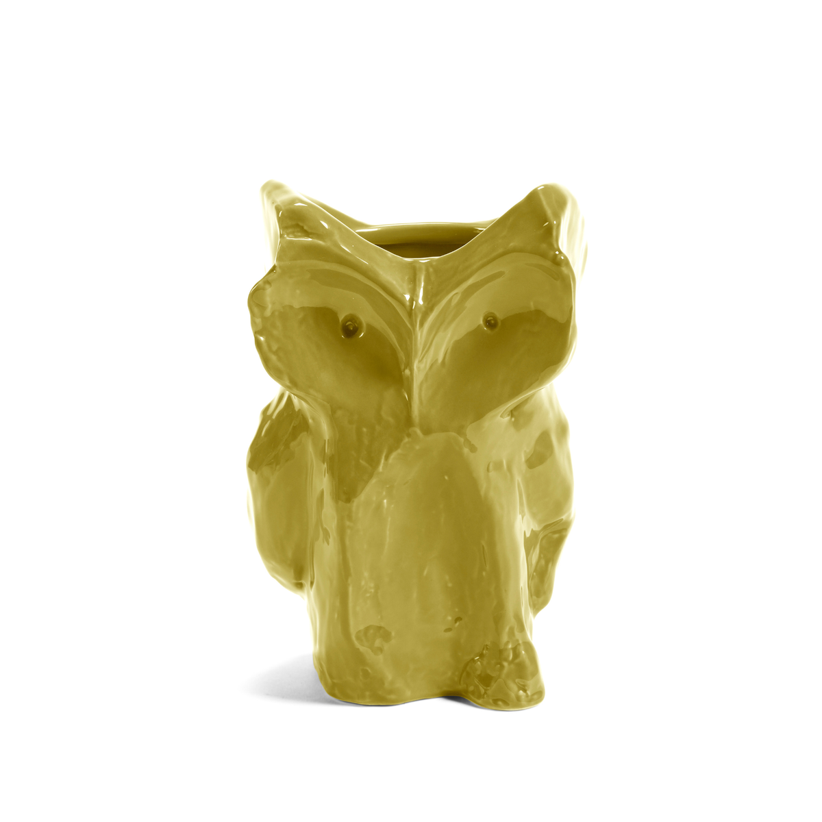 Een glanzend, geel Serax Marni After Midnight Uil Vaas Geel S, in de vorm van een uil met gedurfde trekken, springt eruit als een opvallend designstuk tegen een effen witte achtergrond.