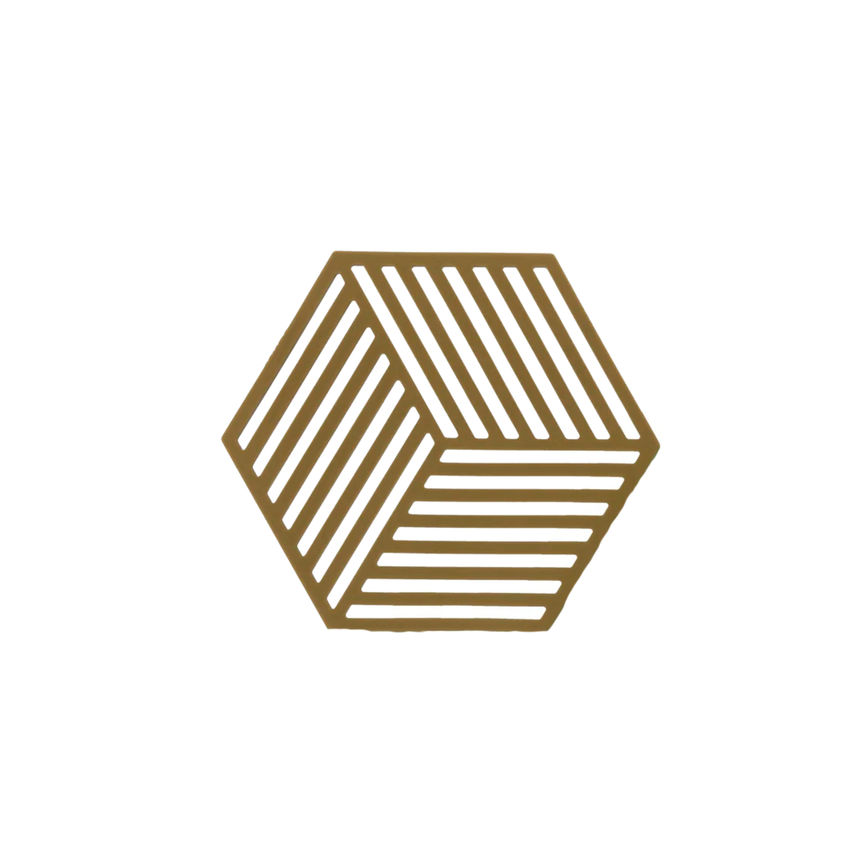Bruine parallelle lijnen vormen een geometrische zeshoek met een 3D-optische illusie op een witte achtergrond, wat de Scandinavische stijl weerspiegelt in de Zone Denmark Hexagon Trivet Houtkleur van Zone Denmark.
