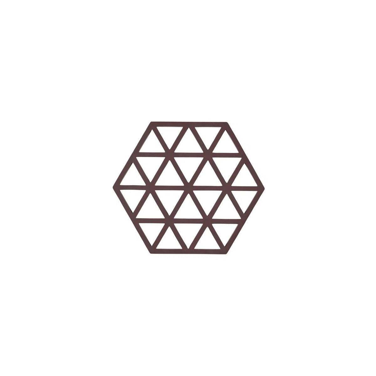 Een geometrisch patroon van donkerbruine lijnen die zeshoeken vormen met kleine driehoekjes creëert de stijlvolle Zone Denmark Triangles Trivet Kalamata-een hittebestendige siliconen onderzetter van Zone Denmark, tegen een effen witte achtergrond.