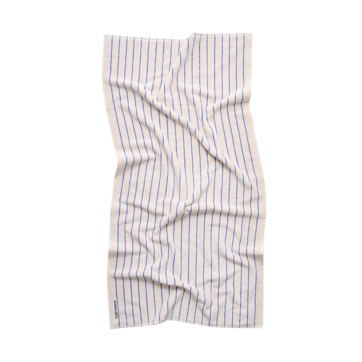 Een witte keukenhanddoek met verticale blauwe strepen is plat neergelegd en vertoont enkele kreuken. In de linkeronderhoek staat een kleine gedrukte tekst, vergelijkbaar met de kwaliteit van de Bongusta Naram Badhanddoek Moonbeam & Ultramarine 70/140.
