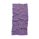 De Bongusta Naram Badhanddoek Wijn & Lavendelblauw 70/140, een rechthoekige, absorberende handdoek met verticale paarse en donker bordeauxrode strepen, is licht gekreukeld afgebeeld tegen een effen witte achtergrond met een klein label op één hoek.