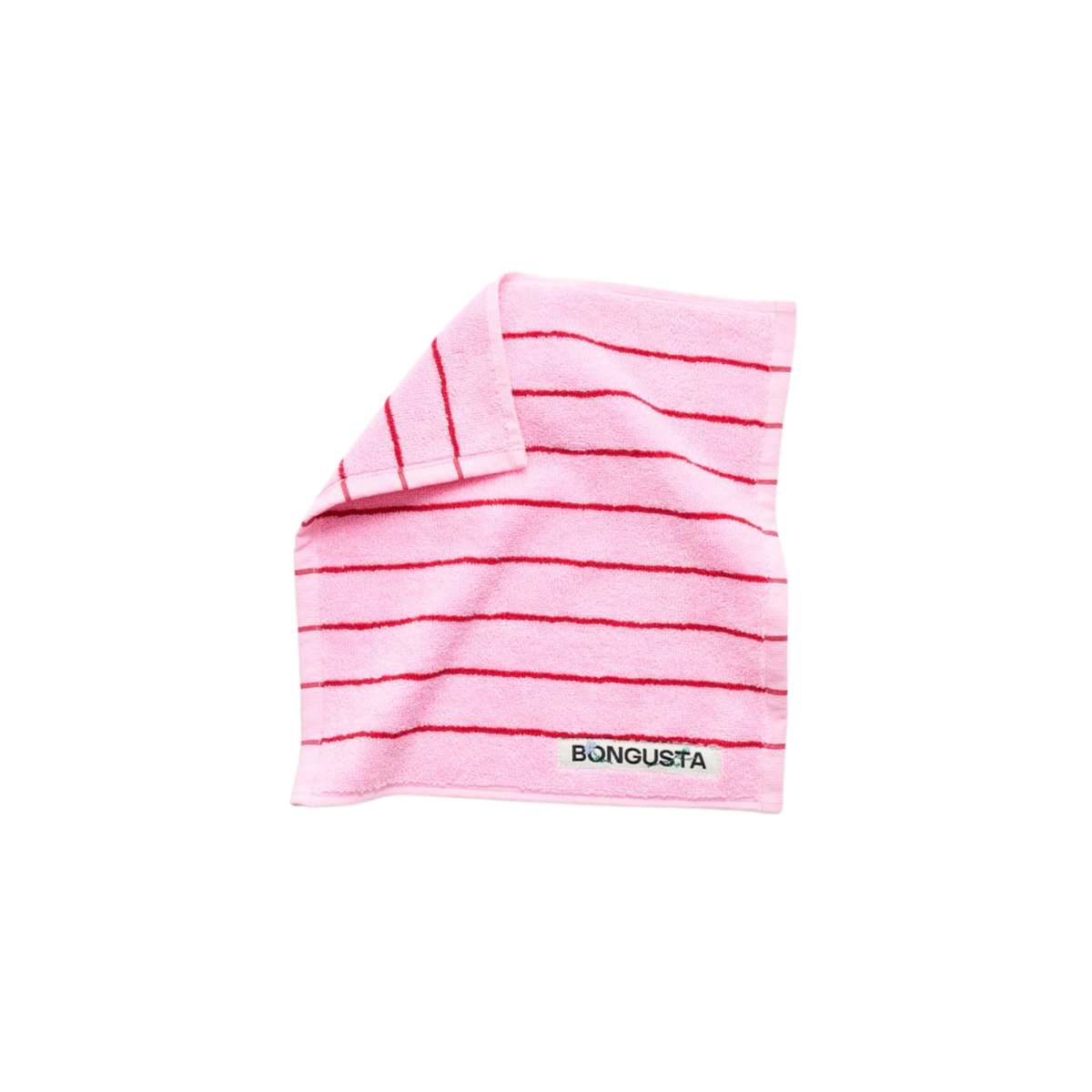Het Bongusta Naram Gastendoekje Baby Pink & Ski Patrol 30/30 is een biologisch katoenen handdoek in babyroze met horizontale rode strepen en het groene BONGUSTA-logo geborduurd op een hoek, van het merk Bongusta.