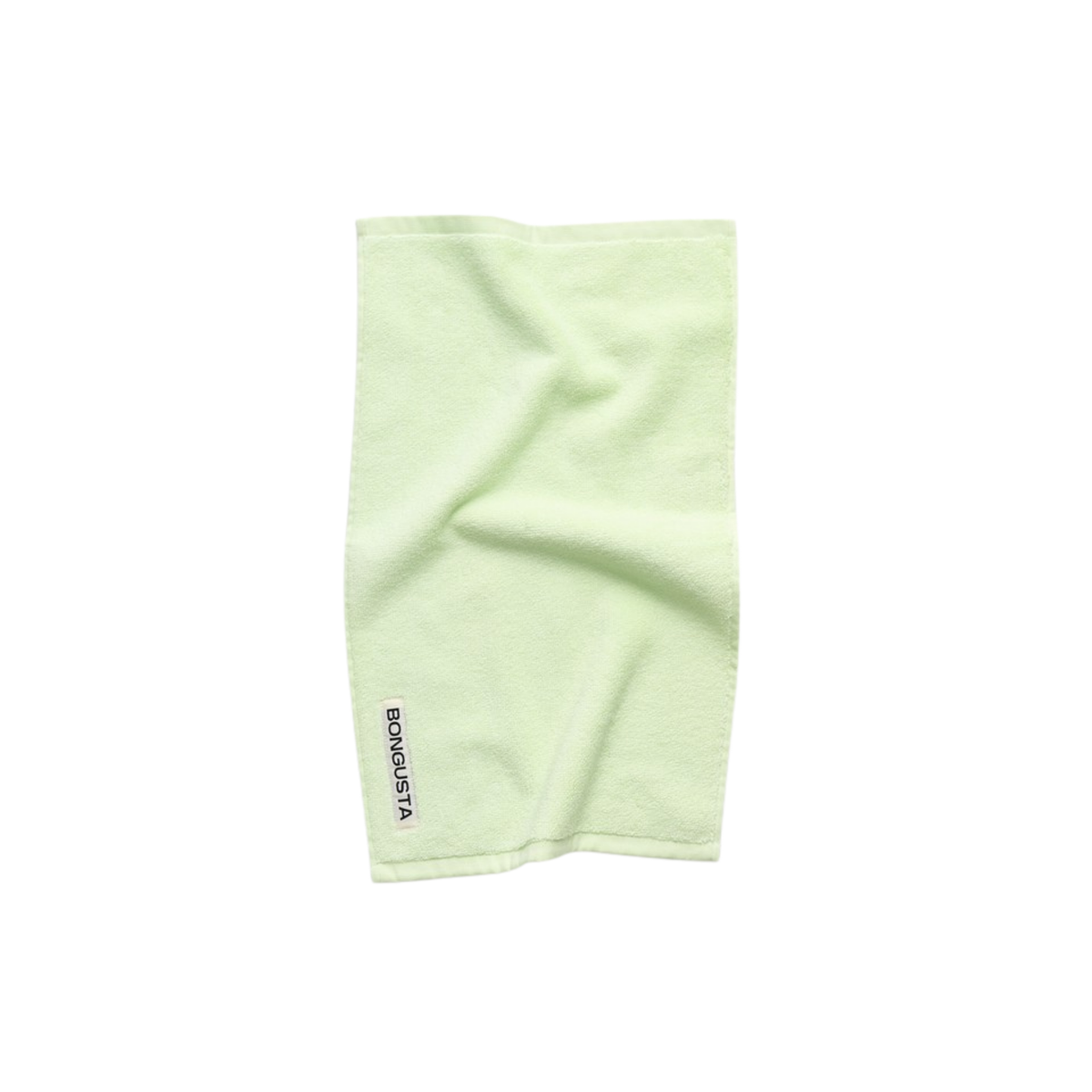 Het Bongusta Naram Gastendoekje Lemon Sorbet 30/50 is een lichtgroene rechthoekige handdoek met een klein zwart-wit "Bongusta" label in één hoek, weergegeven op een witte achtergrond met een lichte vouw.