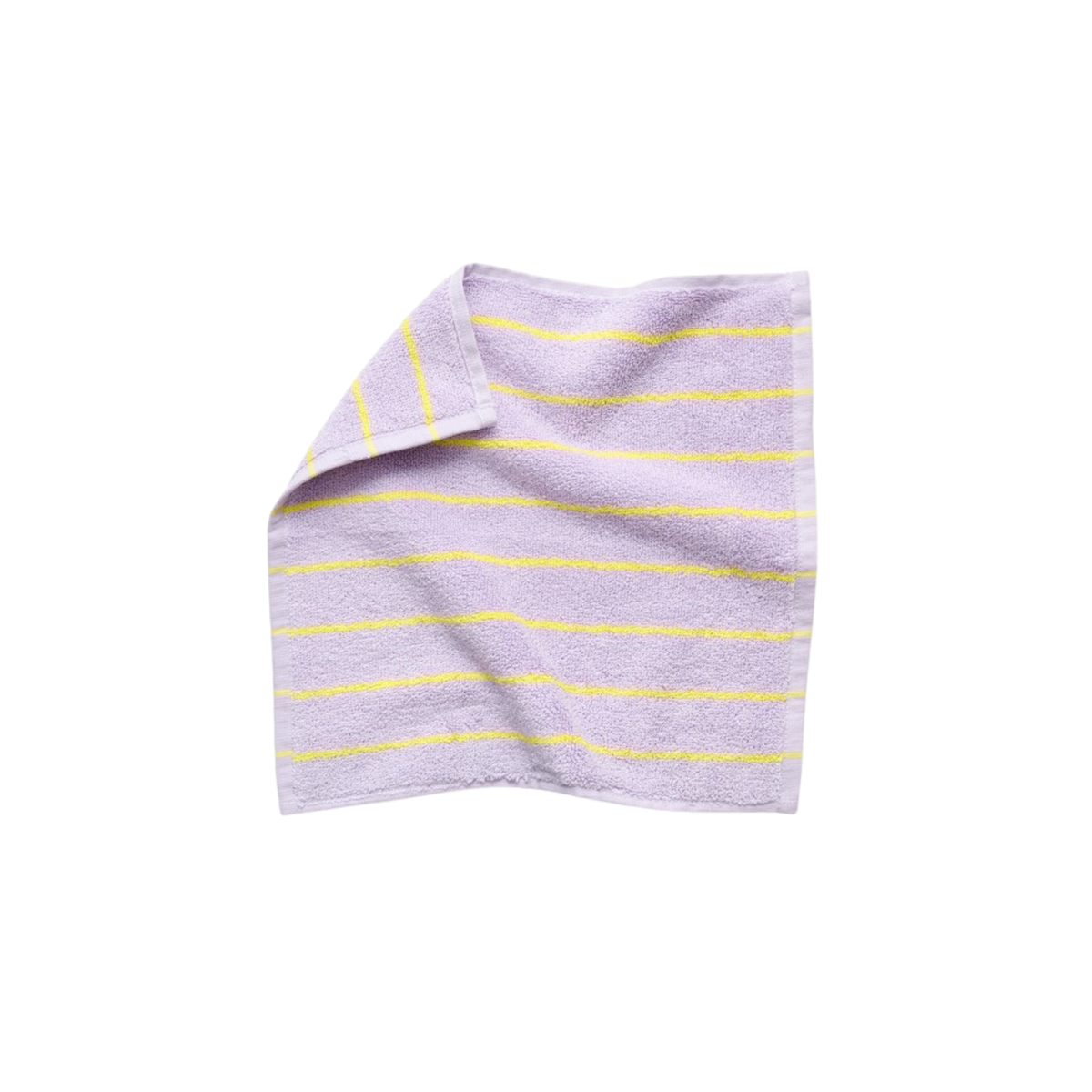 Het Bongusta Naram Gastendoekje Lila & Neon Geel 30/30, een vierkante biologisch katoenen handdoek van Bongusta met gele strepen en OEKO-TEX Made in Green certificering, wordt plat op wit gelegd met één hoek iets naar binnen gevouwen.