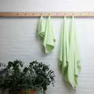 Vier Bongusta Naram Badhanddoek Lemon Sorbet 70/140 handdoeken hangen aan houten haringen tegen een witte bakstenen muur, met een mandje eucalyptus eronder.