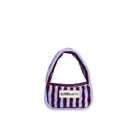 De Bongusta Naram Mini Bag Wine & Lavender Blue is een kleine, rechthoekige tas van biologisch katoen met paarse en bordeauxrode strepen, een handvat en een BON GUSTA logopatch op de voorkant.